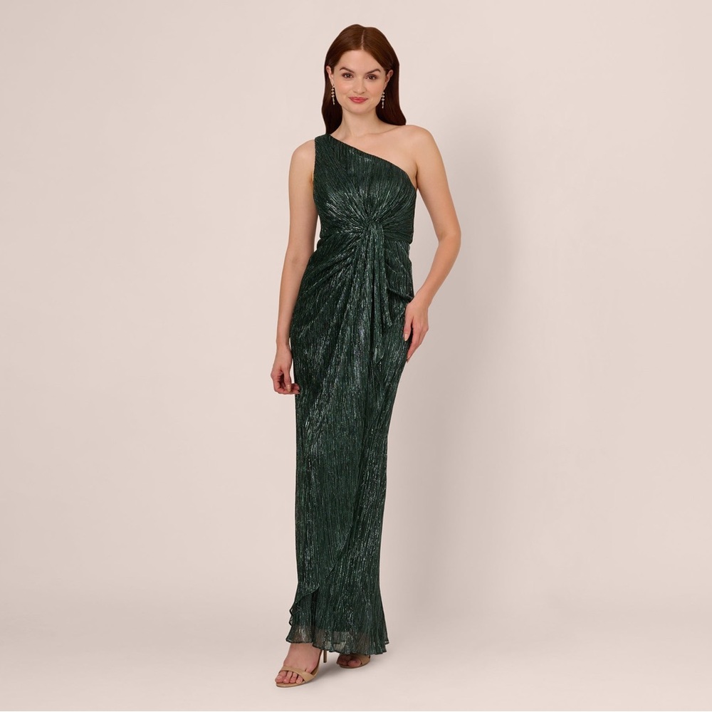 Adrianna Papell Green One-Shoulder Ruched Gown